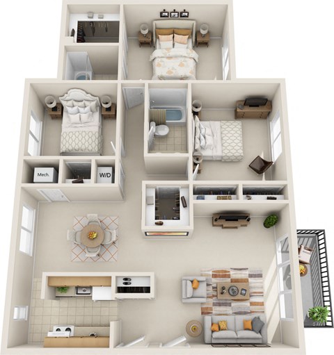 Floor plan for 3 beds, 2 baths, 1215 sqft